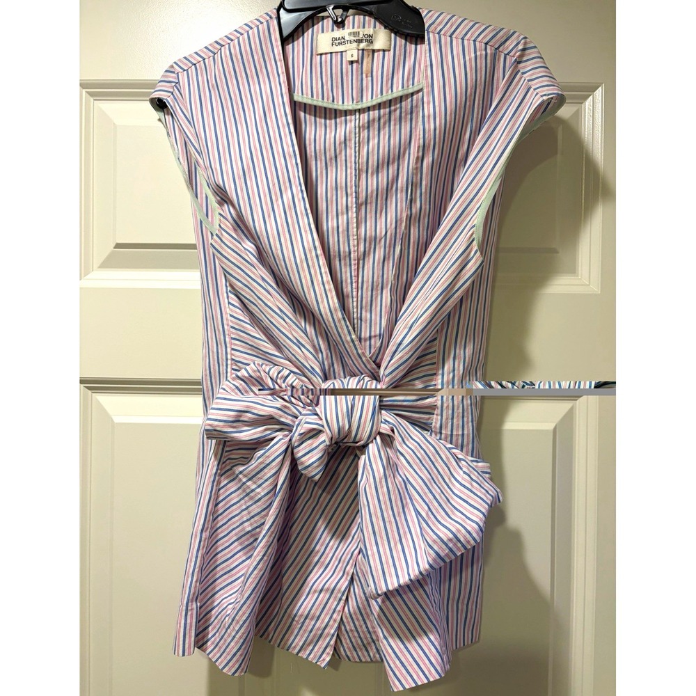 Diane von Furstenberg TAFFY Waist Tie Top Striped V-Neck Sleeveless Blouse S
